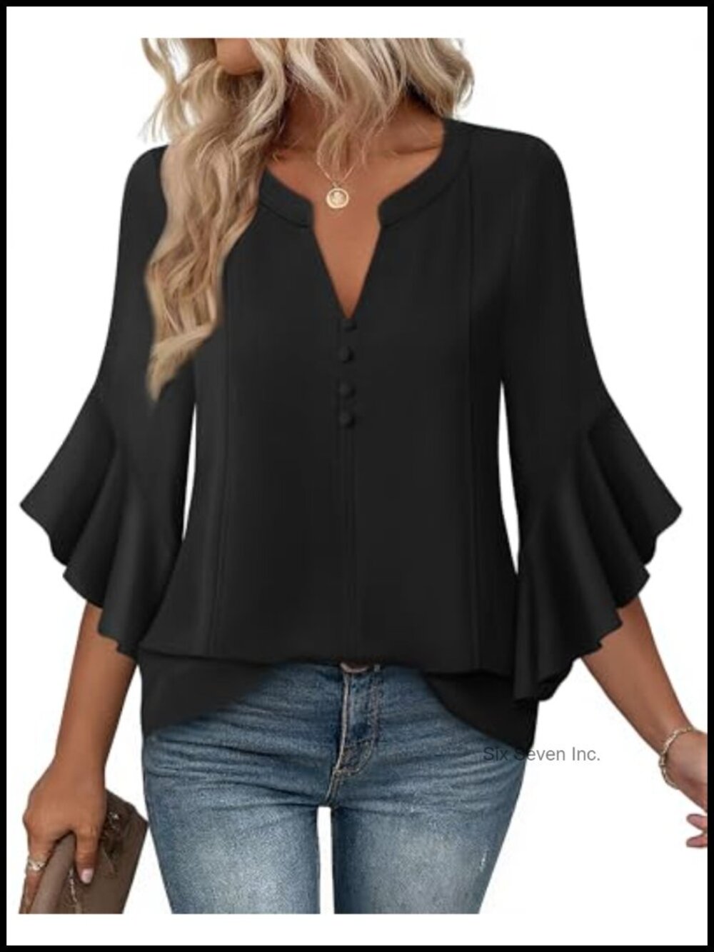 Chiffon Henley V-Neck Ruffle 3/4 Sleeve Button Down Blouse